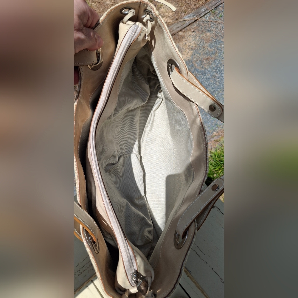 Prune Logo Print Soft Cream/Tan Canvas & Tan Leather Trim Shoulder Bag - Picture 11 of 15
